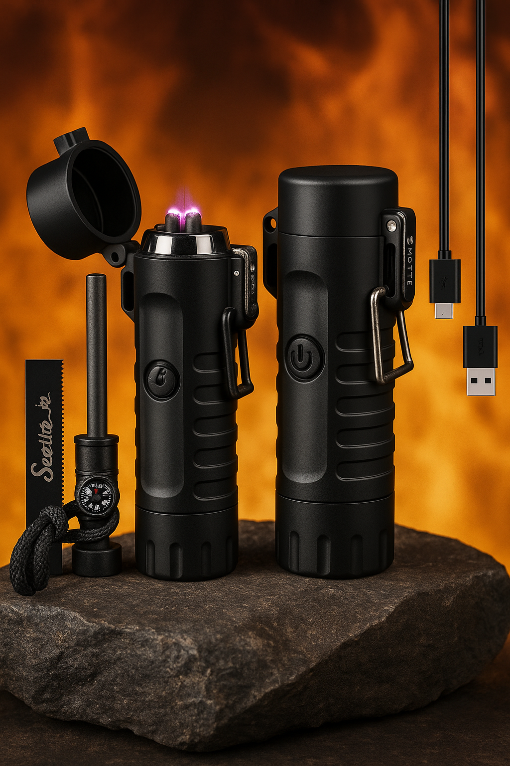 Two black portable flashlights with eliminator caps, a small compass, a lanyard, and USB charging cables on a rock surface with a blurred fiery background.