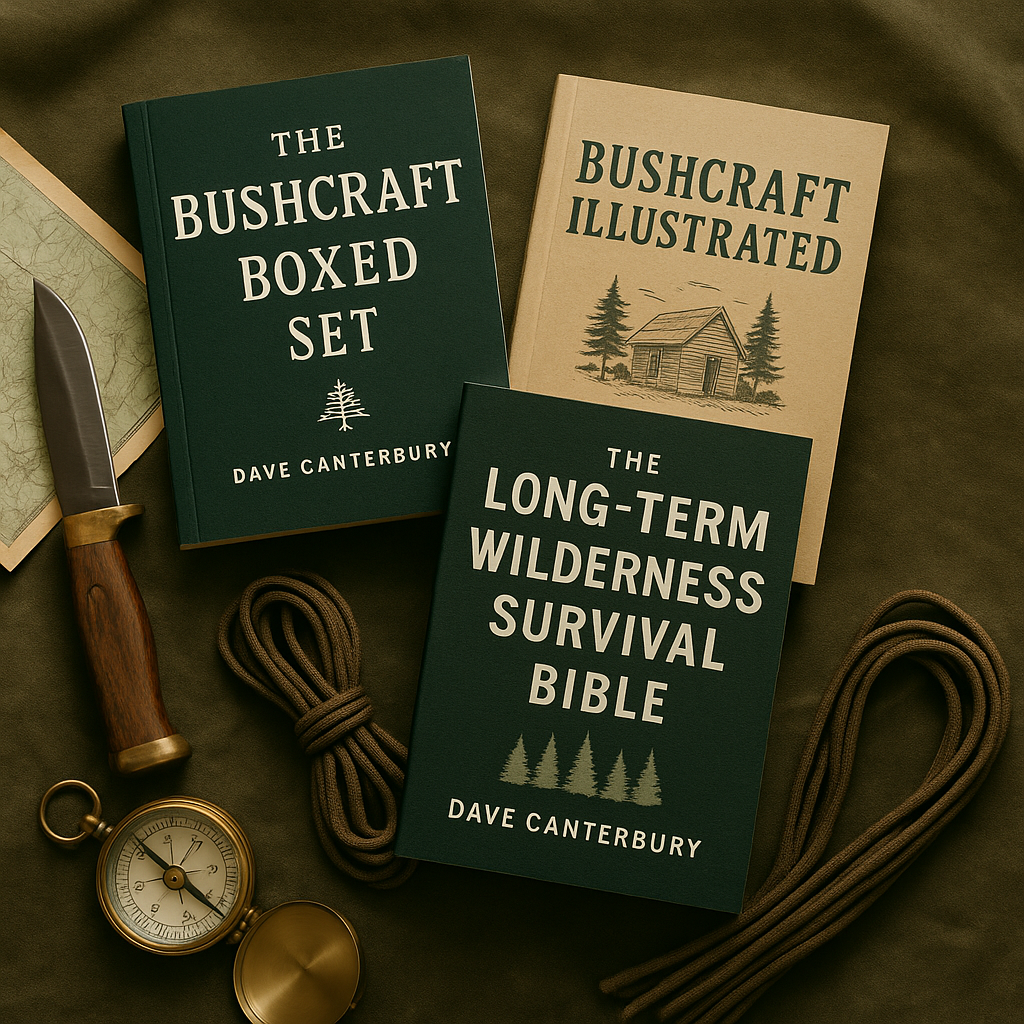 Books on wilderness survival by Dave Canterbury, a knife with a wooden handle, a compass, and two lengths of brown rope.