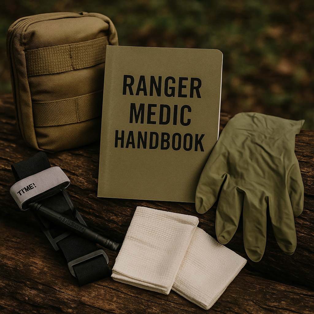 A tactical bag, a guidebook titled 'Ranger Medic Handbook,' a pair of green gloves, a white rolled bandage, a black strap with a flashlight, and a white cloth, all placed on a wooden surface outdoors.