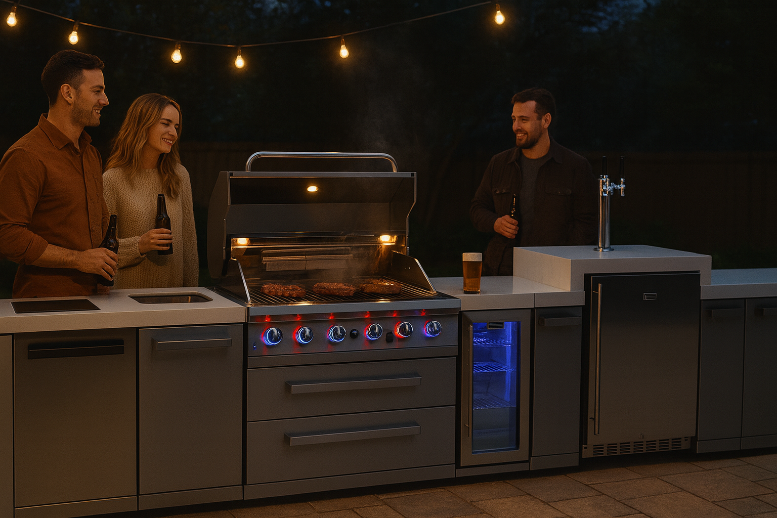 People having a backyard cookout at night, standing beside a grill with burgers cooking, holding drinks, under hanging outdoor lights.