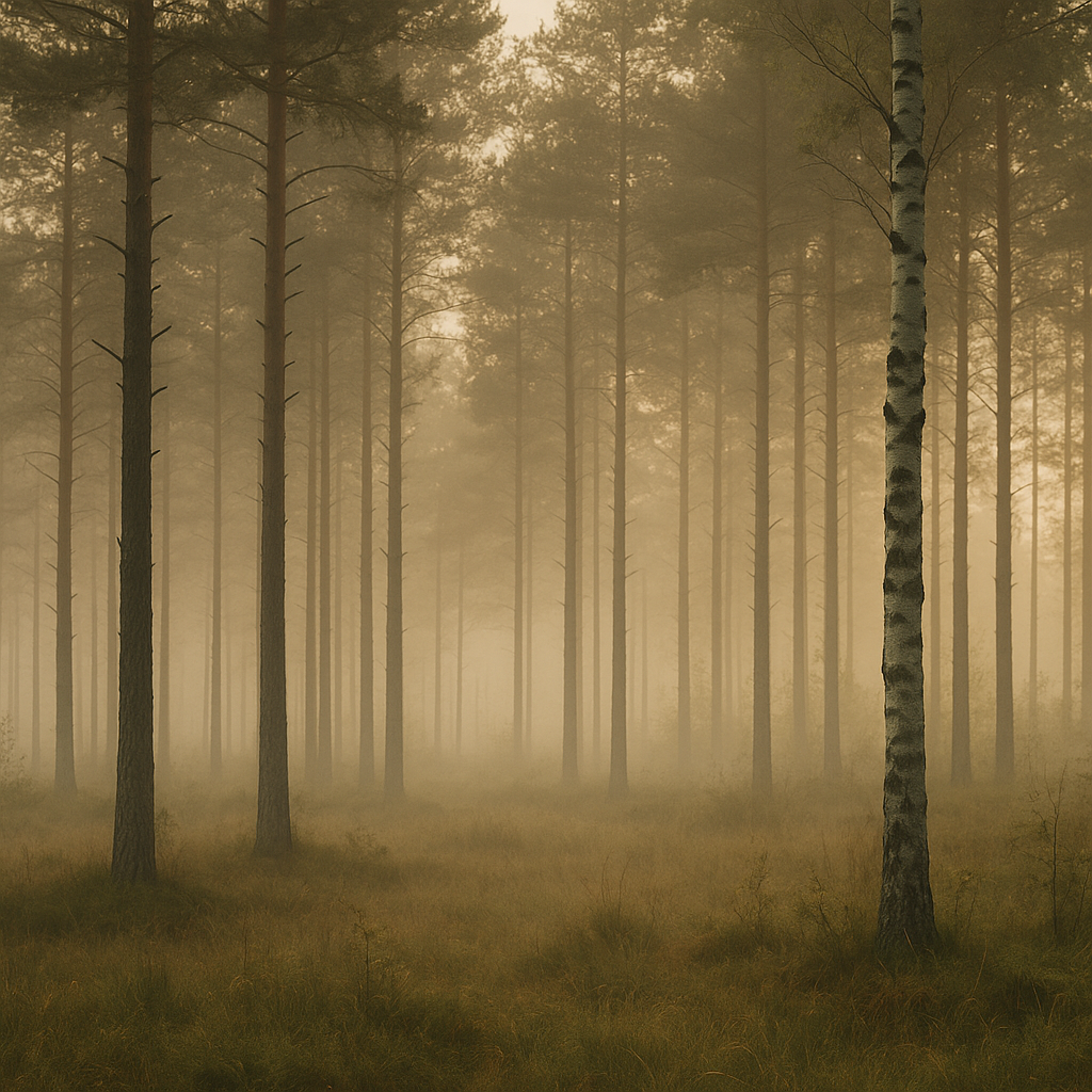 A misty forest with tall, thin trees and a hazy atmosphere.