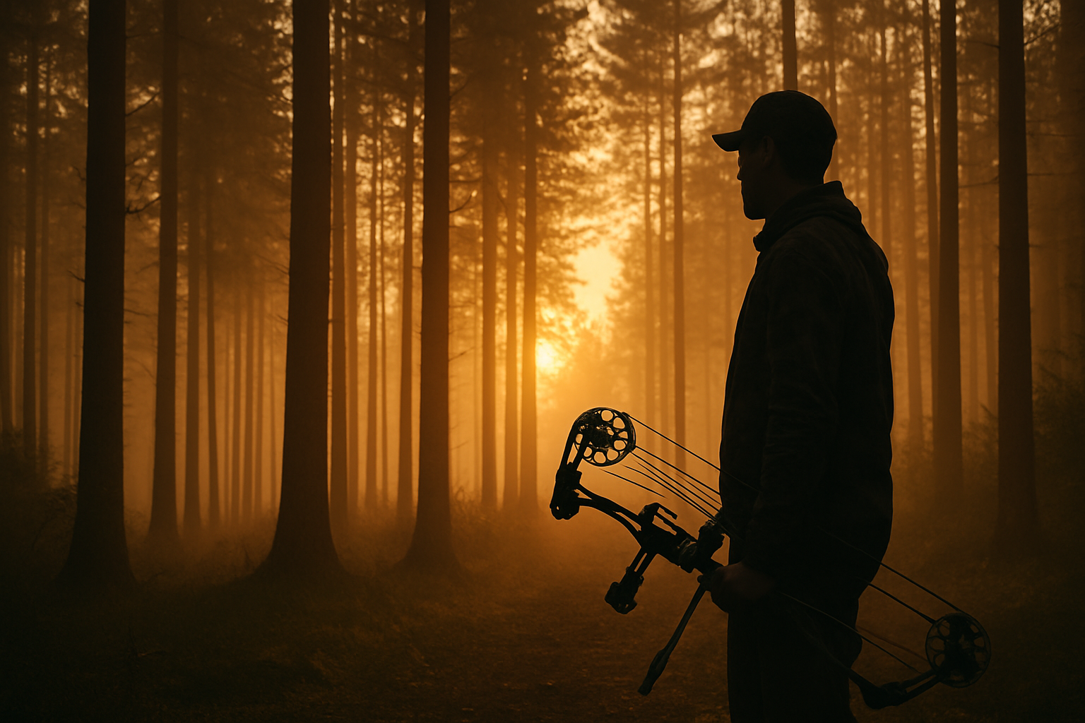 A silhouette of a man holding a bow in a forest at sunset.