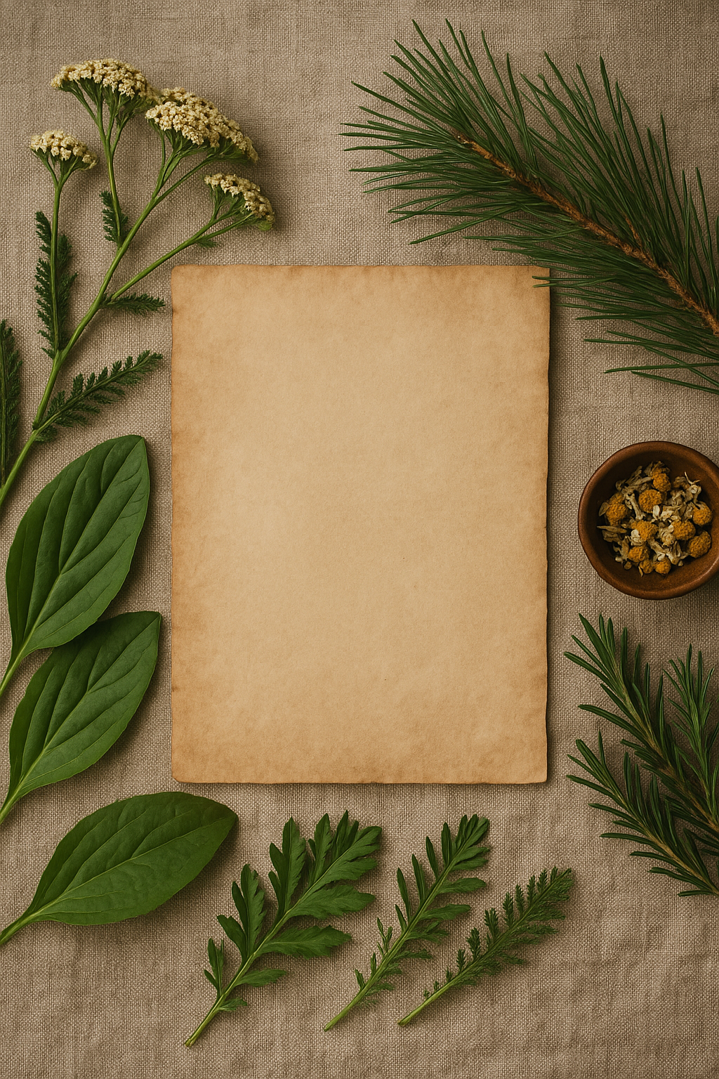 A piece of aged, blank parchment paper surrounded by green foliage including pine and other leaves, with a small bowl of dried flowers and herbs on a beige cloth background.