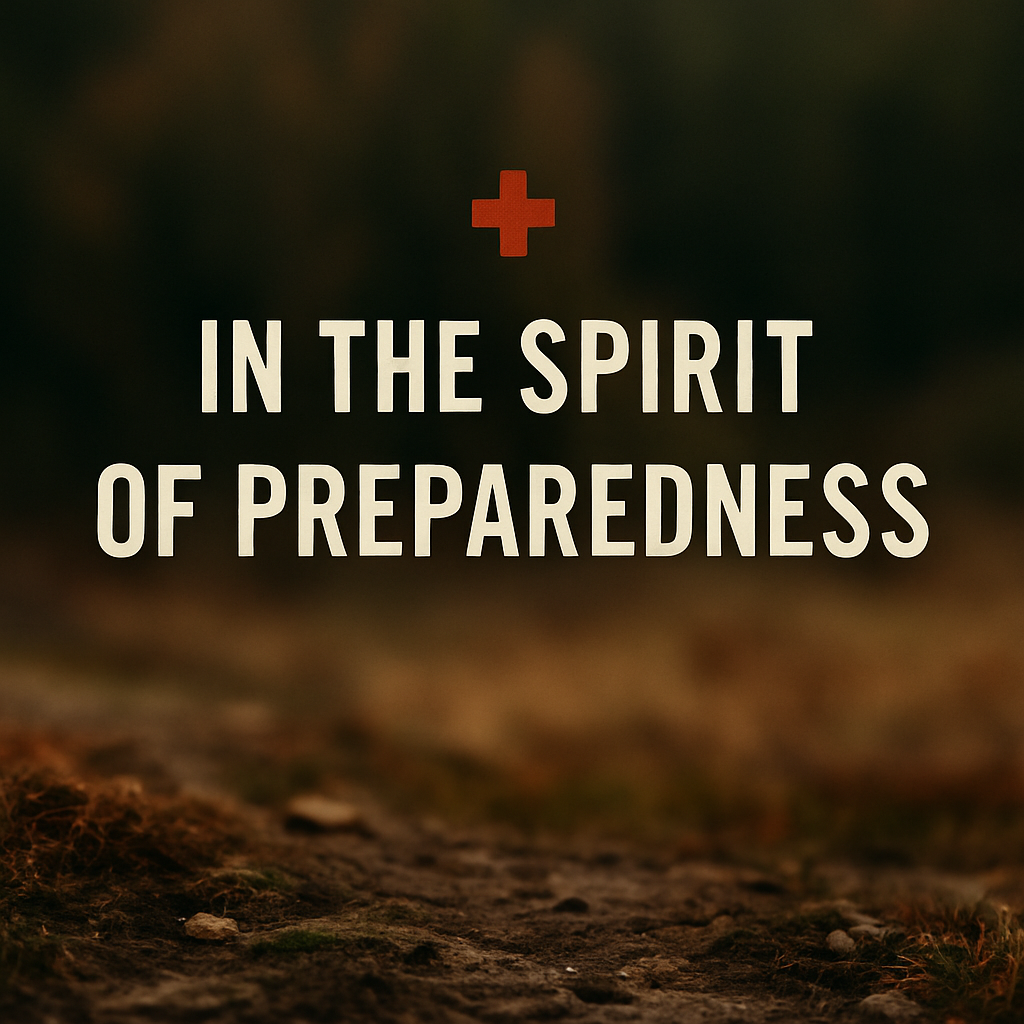 Message with red cross symbol that reads 'In the spirit of preparedness' over a blurred outdoor background with dirt and grass.