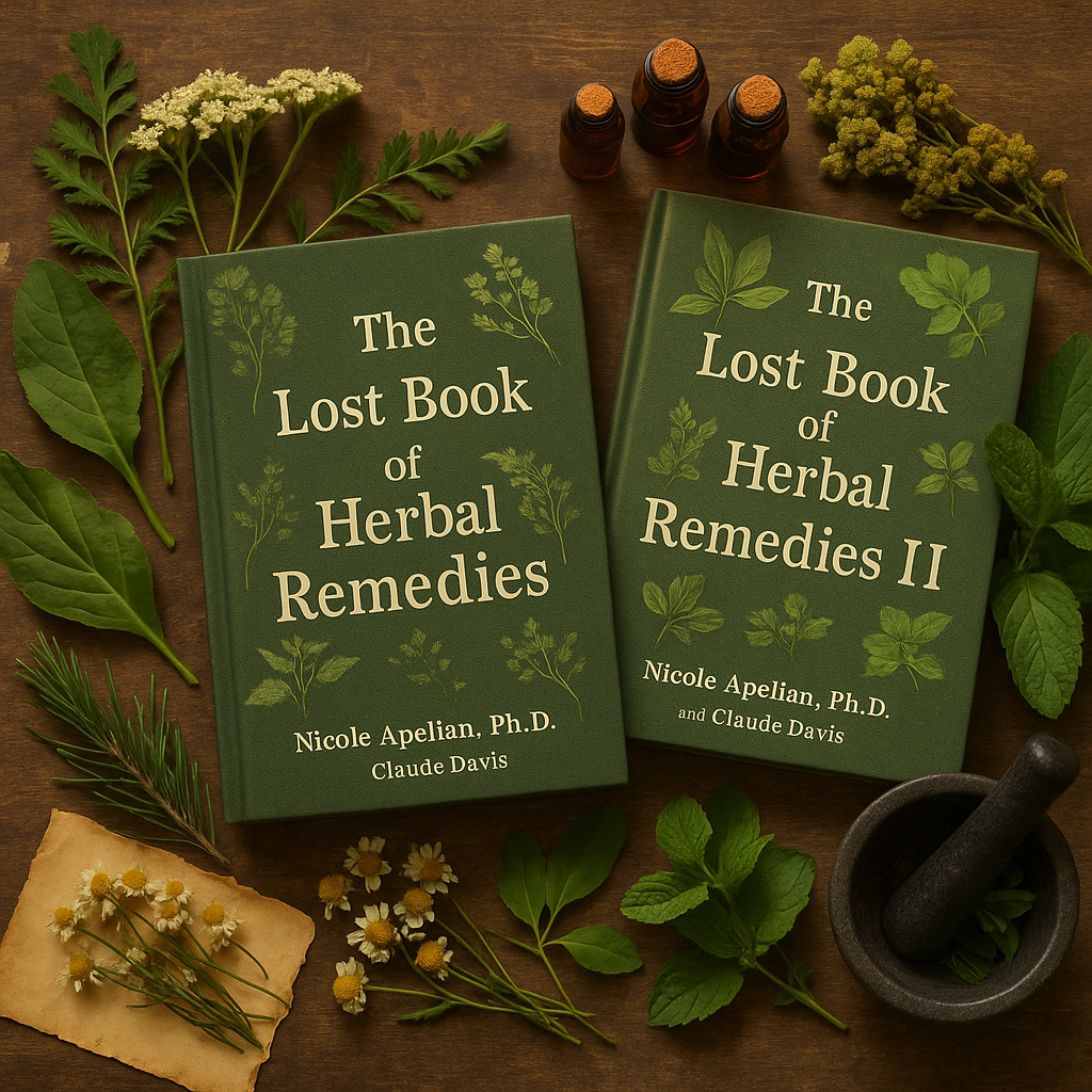 Two green books titled "The Lost Book of Herbal Remedies" and "The Lost Book of Herbal Remedies II" surrounded by various fresh herbs, flowers, herbal oils in small bottles, and a mortar and pestle on a wooden surface.