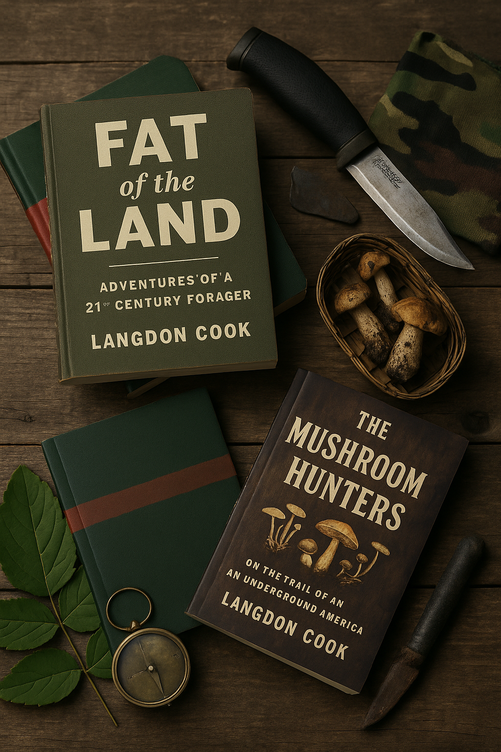 Books about foraging and mushrooms, a hunting knife, a basket of wild mushrooms, a compass, and green leaves on a wooden surface.
