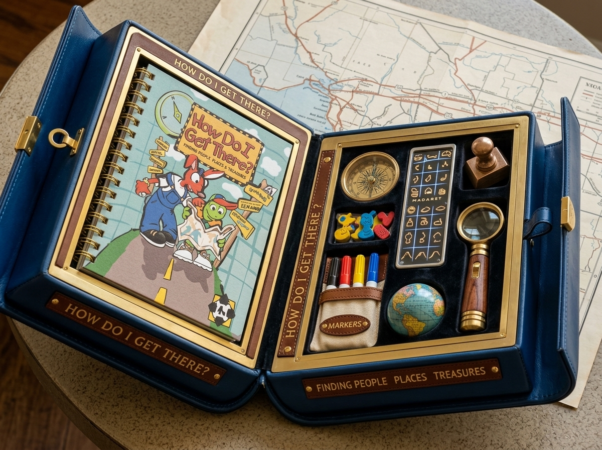 Open Travel Box 
The travel box opened to reveal all the components —books, maps, games, and the full geography learning experience.