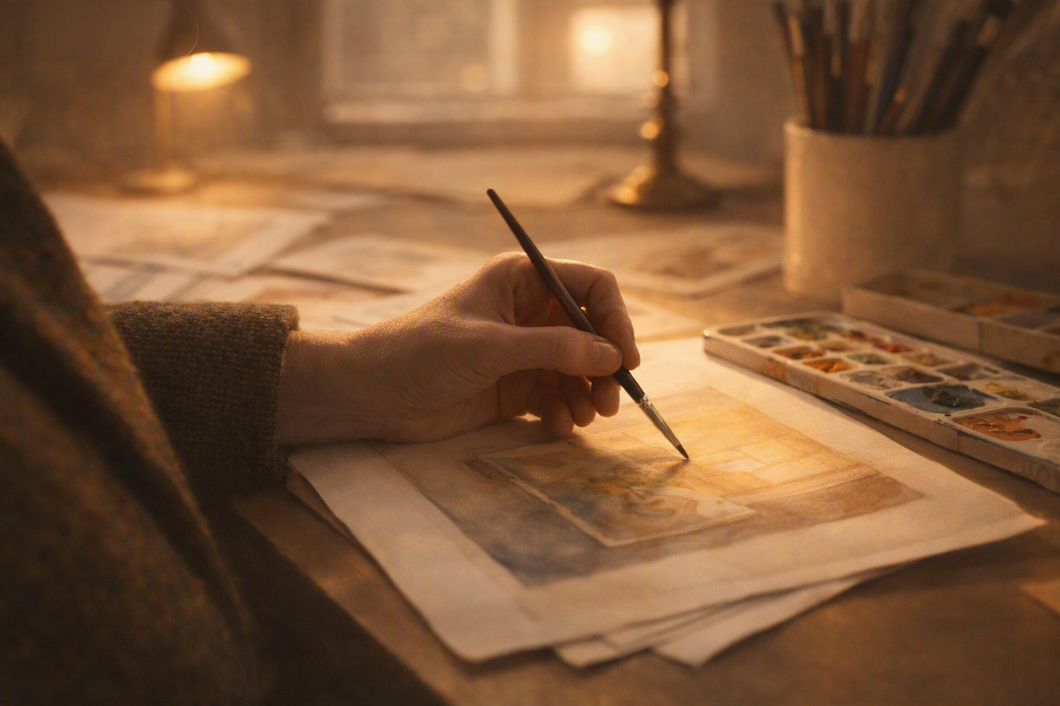 Rose Freeland is at work in the studio, illustrating a page in watercolor by hand.