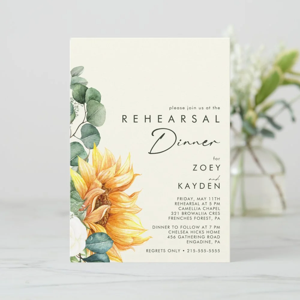 Zazzle Bold Country Sunflower Yellow Rehearsal Dinner Invitation (Standing Front).jpeg