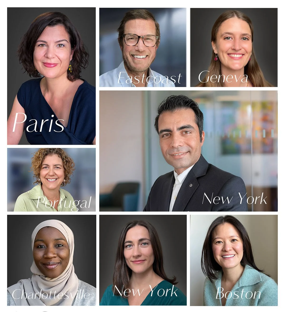 Headshots done remotely by using subjects own phone. A group of eight men a woman from different cities and countries