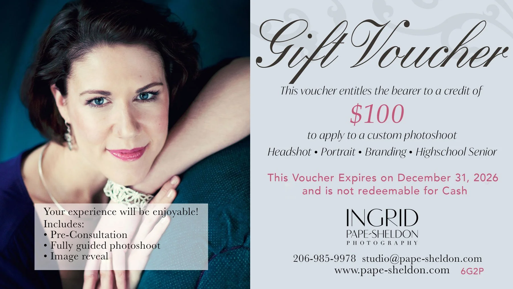 Free Coupon for $100 off on Headshot, Branding Shoot, Portrait, or Senior Portrait until December 31, 2026