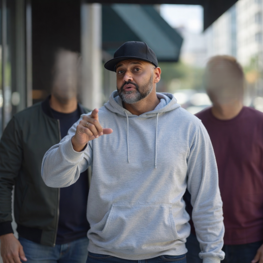 A man in a gray hoodie and black cap gesturing while walking with two blurred men in the background on a city sidewalk.