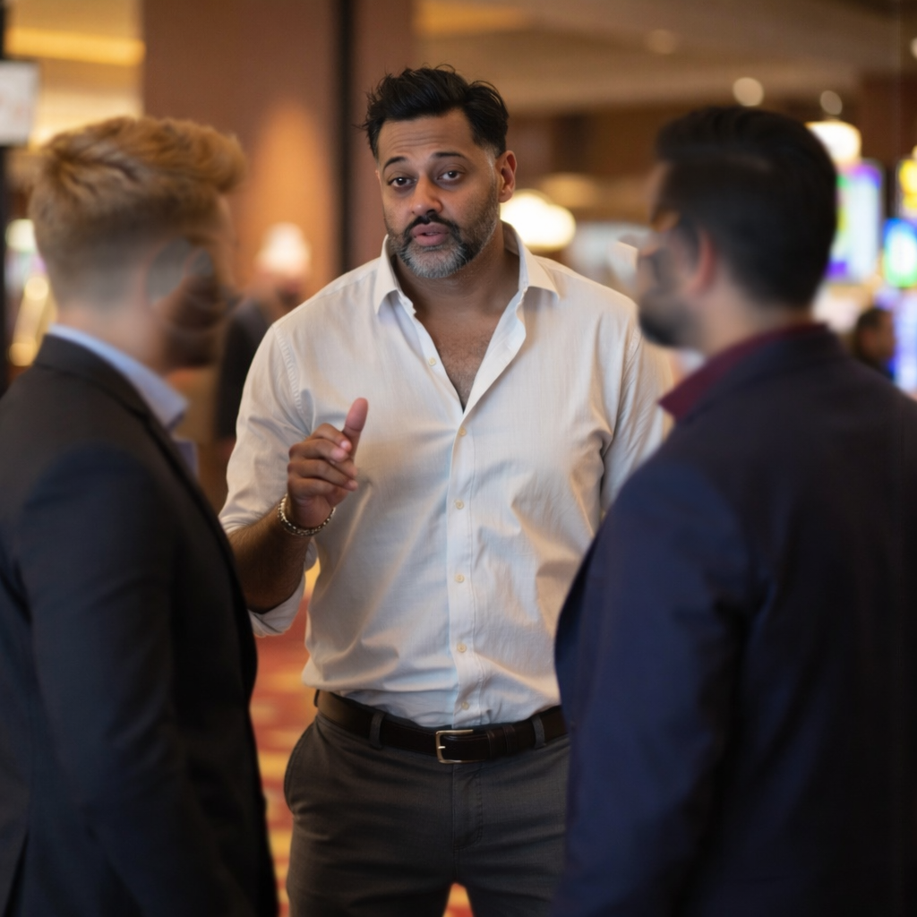 Three men having a conversation in a casino or entertainment venue, with slot machines visible in the background.