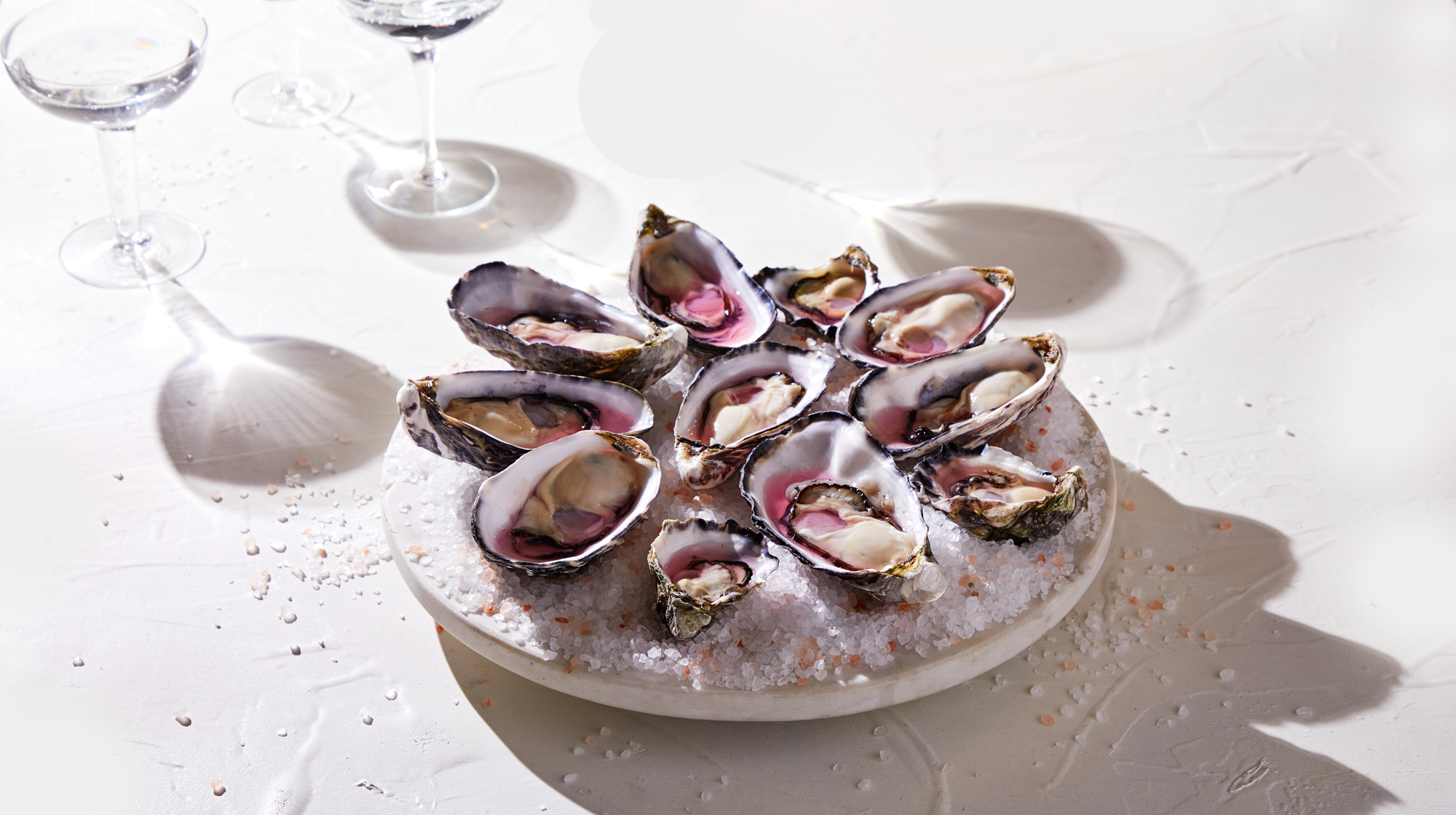 A plate of raw oysters on ice, with three glasses of white wine adjacent on a white textured surface.