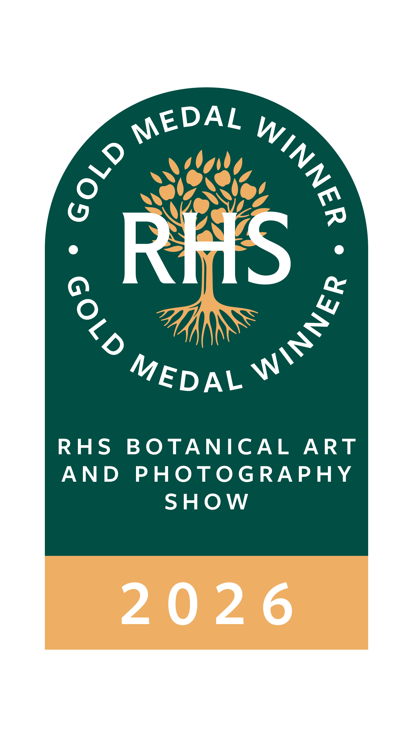 Green and gold badge with a tree graphic, text indicating it is a gold medal winner at the RHS Botanical Art and Photography Show 2026.