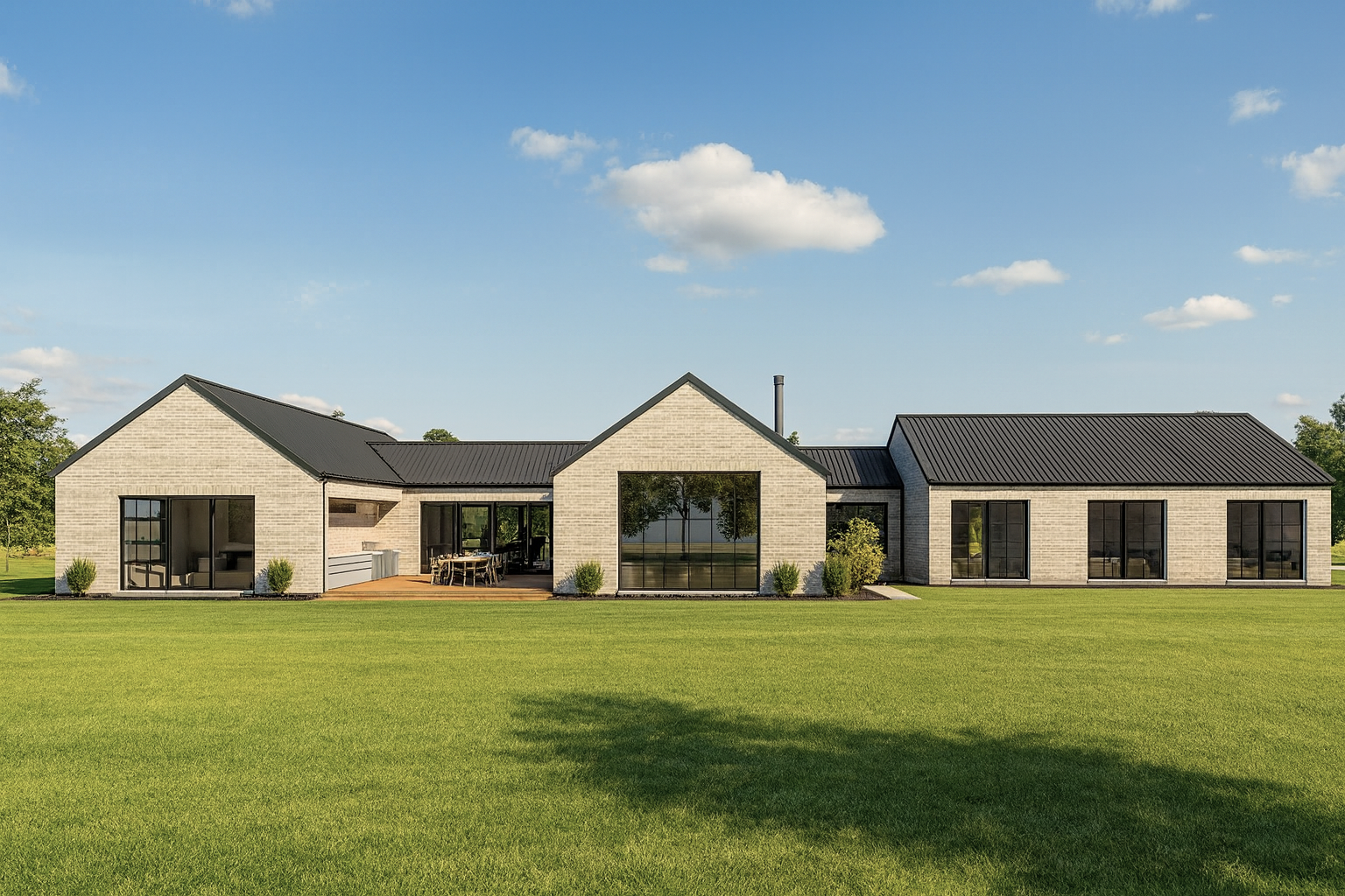 Rendering of a modern single-story house with large windows, a black metal roof, brick and wood exterior, and outdoor patio areas. Surrounded by greenery.