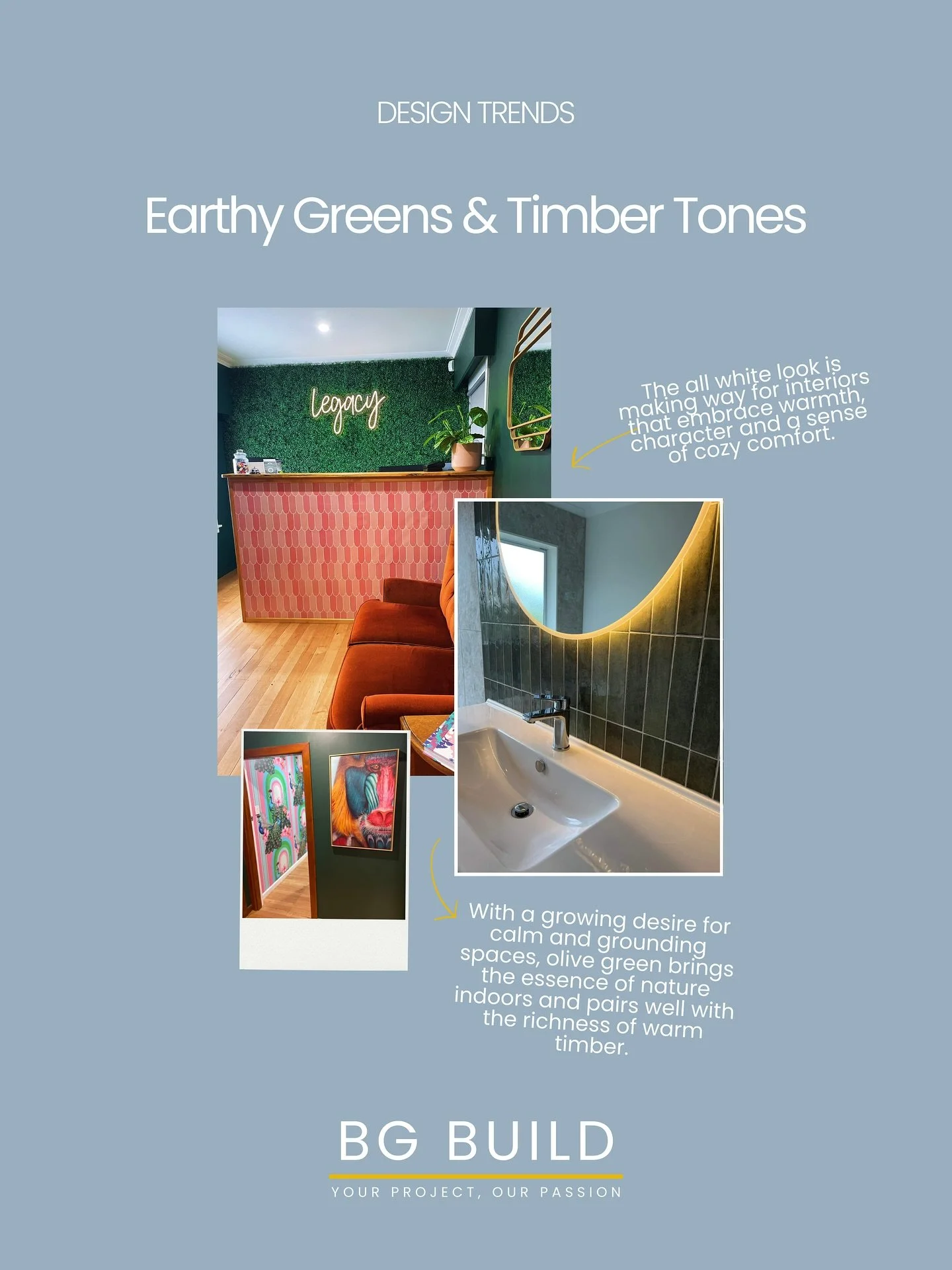 Olive green and warm timber have been a standout feature across many of our 2025 builds from office fit outs to home bathroom renovations and it&rsquo;s easy to see why.

✔️ It creates a calm, grounding atmosphere that brings the essence of nature in