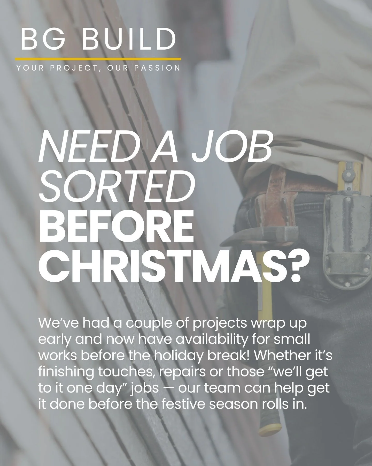 ✨ Need a small job sorted before Christmas? 🎄🔨
We&rsquo;ve had a couple of projects wrap up early and now have availability for small works before the holiday break! Whether it&rsquo;s finishing touches, repairs or those &ldquo;we&rsquo;ll get to i