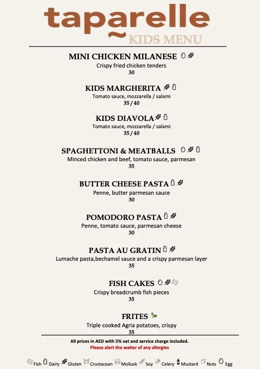 Kids menu from Taparelle restaurant featuring items like mini chicken milanese, kids margherita pizza, kids diavola pizza, spaghetti and meatballs, butter cheese pasta, pomodoro pasta, pasta au gratin, fish cakes, and fries with prices.