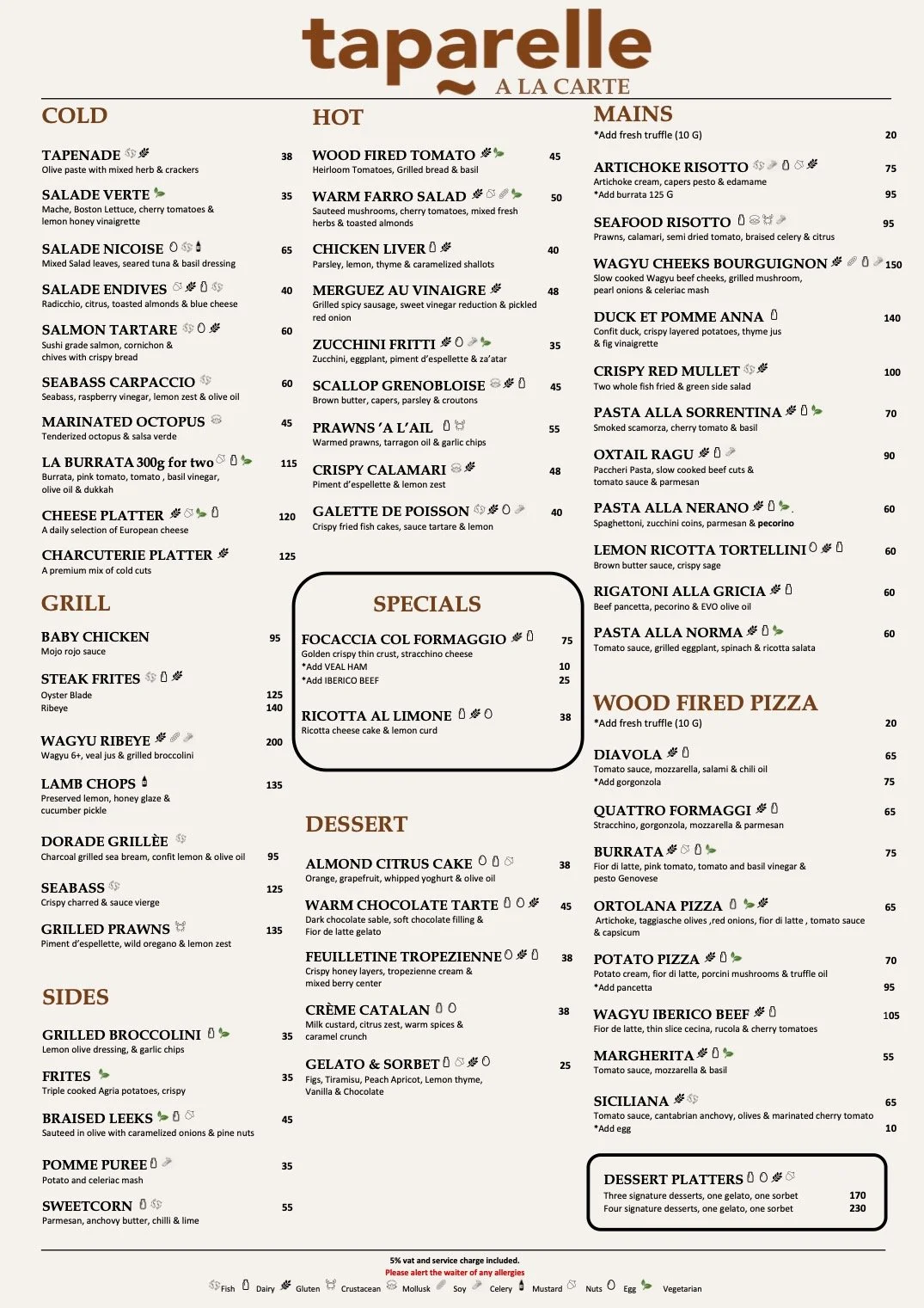 Restaurant menu from Taparelle featuring cold and hot appetizers, grilled dishes, specials, sides, wood-fired pizza, and desserts.