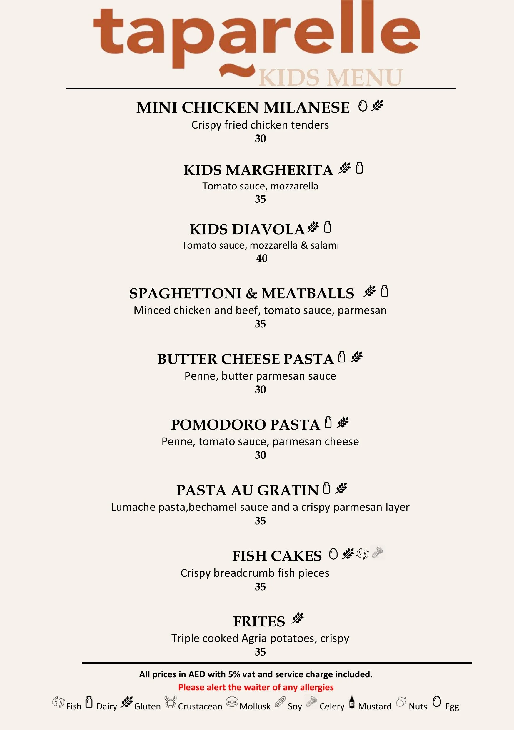 Kids menu with various pasta dishes and fries, including mini chicken milanese, kids margherita, kids diavola, spaghetti & meatballs, butter cheese pasta, pomodoro pasta, pasta au gratin, fish cakes, and fries, with prices listed.
