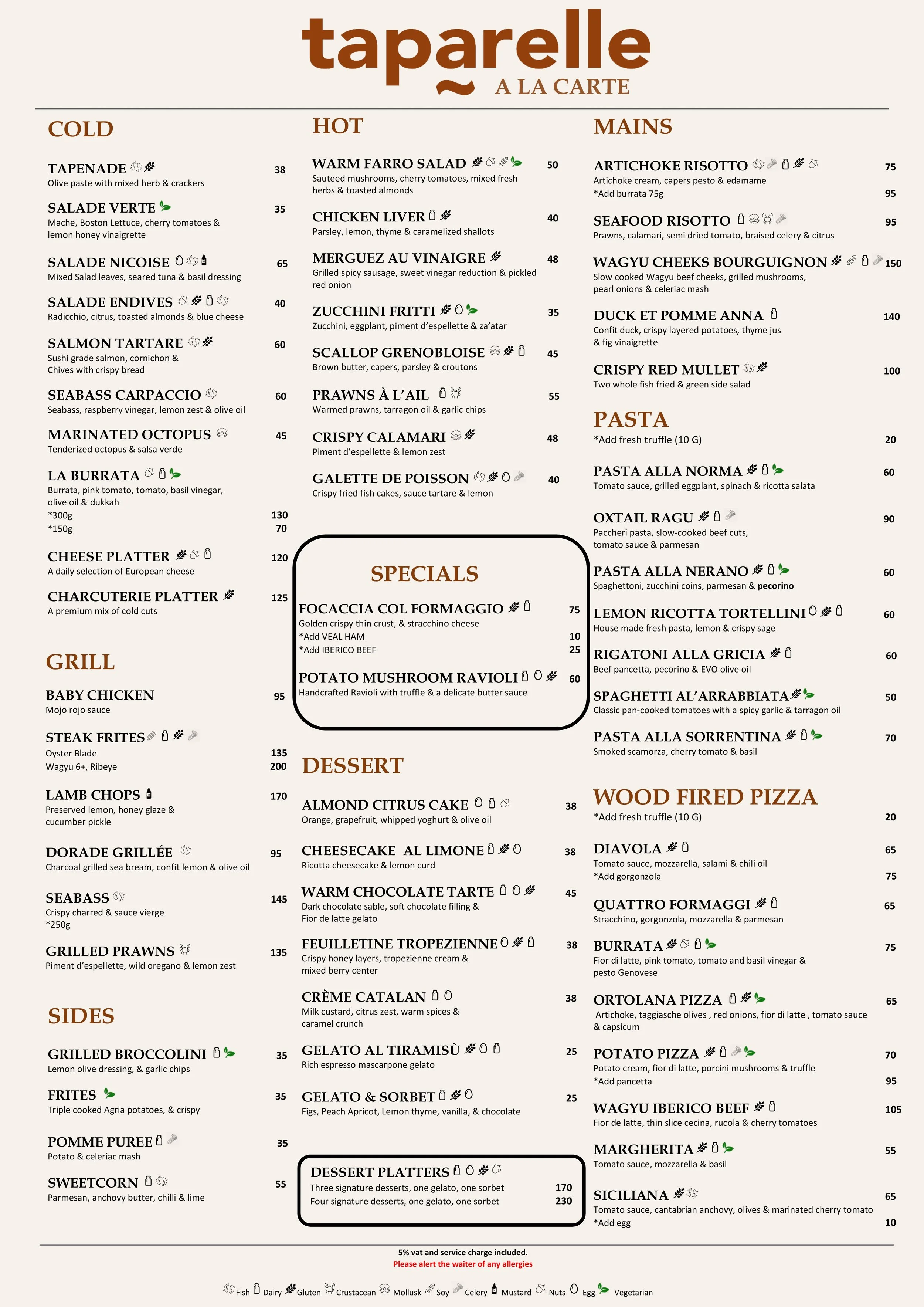 A menu featuring various Italian dishes, including pasta, salads, seafood, grilled meats, wood-fired pizza, and desserts, with prices listed in dirhams.