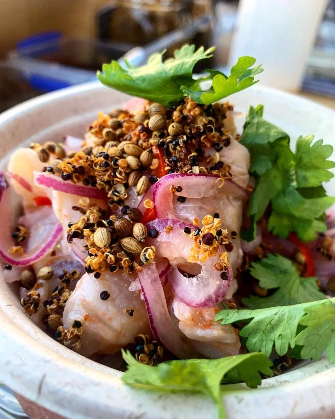 Event catering, fresh ceviche with raw fish, sliced red onions, cilantro, and sprinkled with chili seeds and coriander in a bowl.
