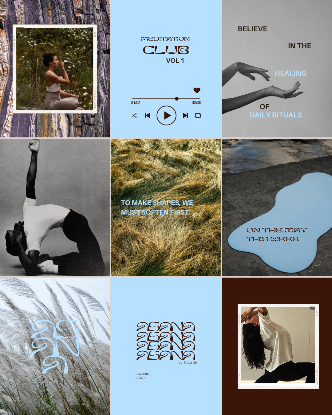 A collage of nine images including a woman meditating outdoors, a music player screen, a person doing yoga, a grassy field, a water puddle on the ground, tall grasses, and two images showcasing upcoming content for a meditation or lifestyle brand.