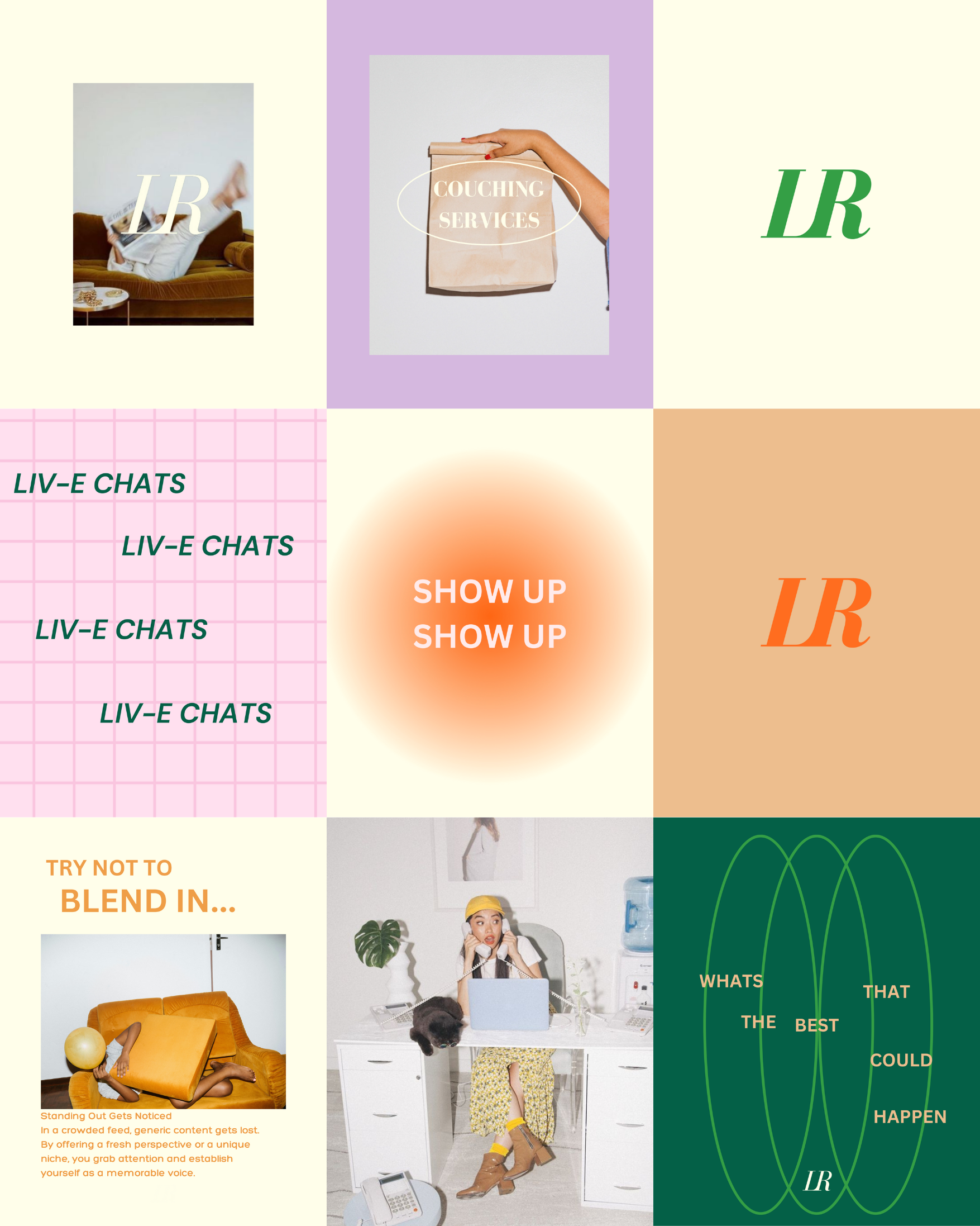 Collage of various colorful graphic designs and photos, including text overlays with phrases like 'COUCHING SERVICES,' 'SHOW UP,' 'LIV-E CHATS,' and images of people in relaxed and humorous poses, among abstract shapes and patterns.