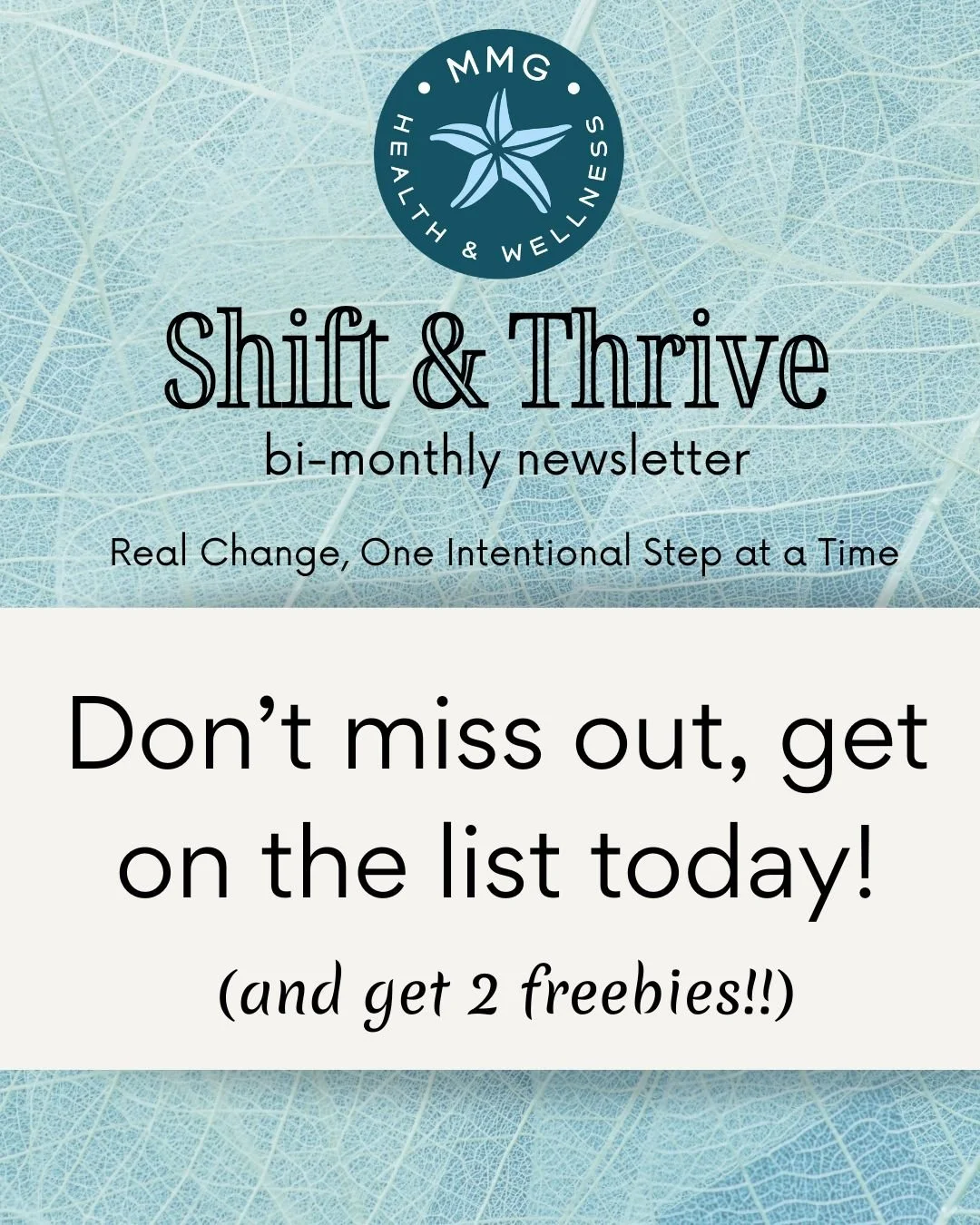 🌱Thrive with Intention🌱
Join the MMG Health &amp; Wellness Community

Every other month, you&rsquo;ll receive thoughtful guidance to help you feel your best &mdash; timely health insights, practical ways to build sustainable habits, and gentle remi