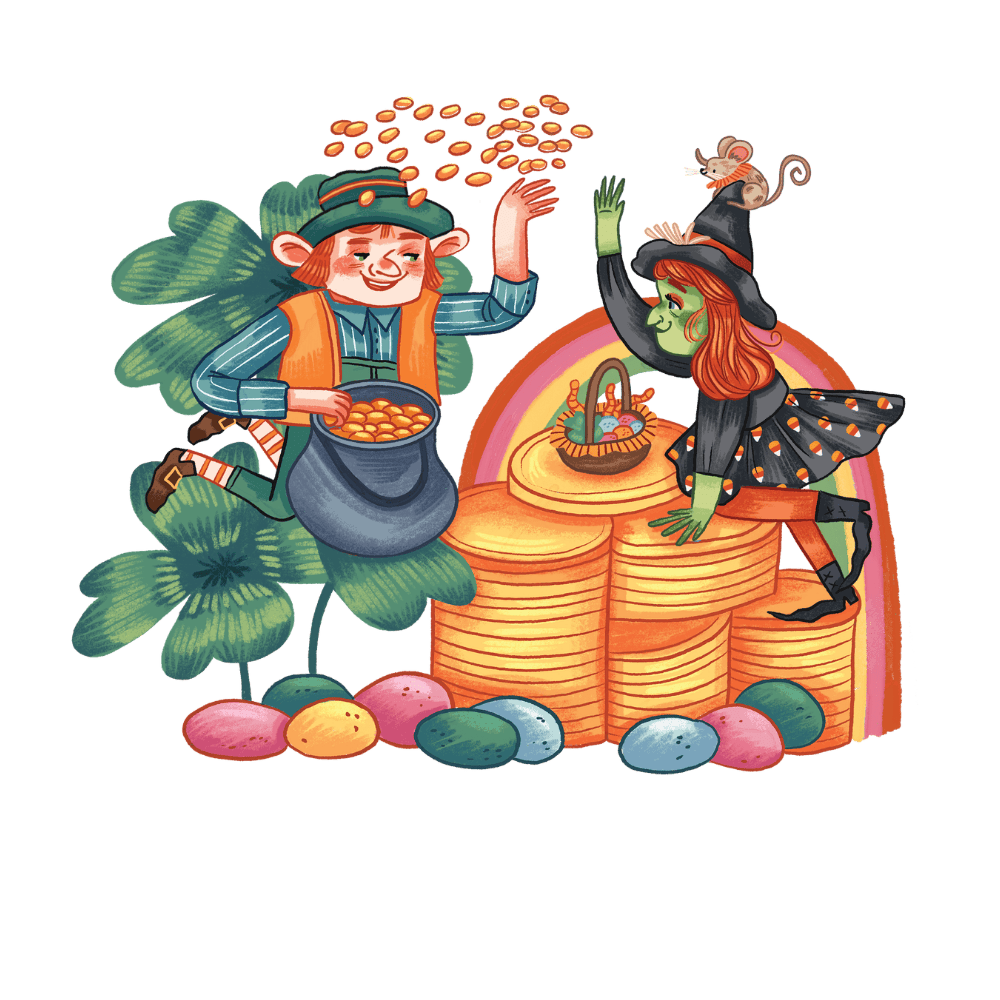 Patrick the leprechaun with Witch Grannie