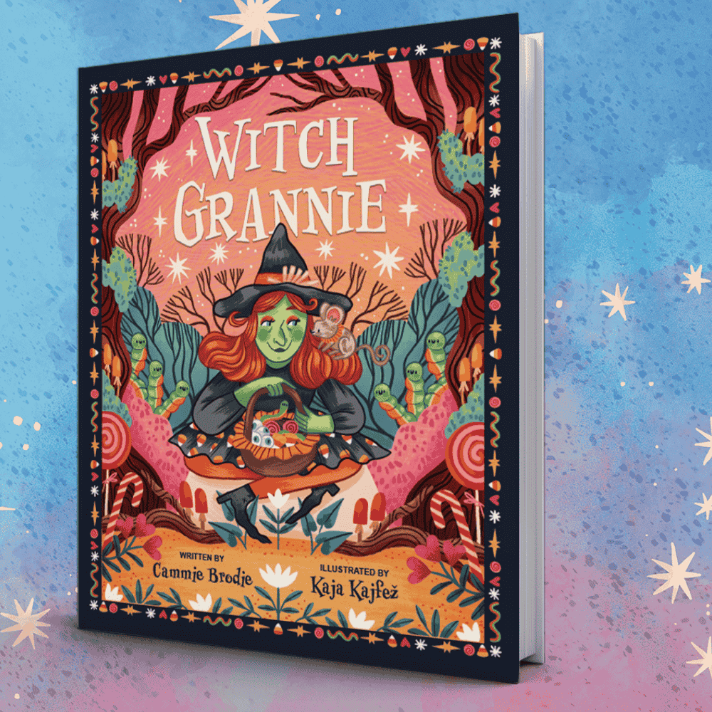 Witch Grannie book on a starry background