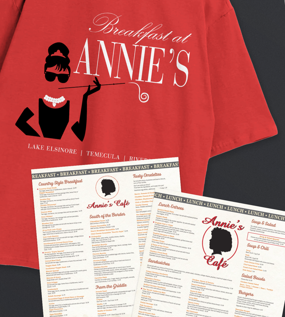 Restaurant branding system designed for Annie’s Café featuring branded merchandise, menu design, and promotional marketing collateral.