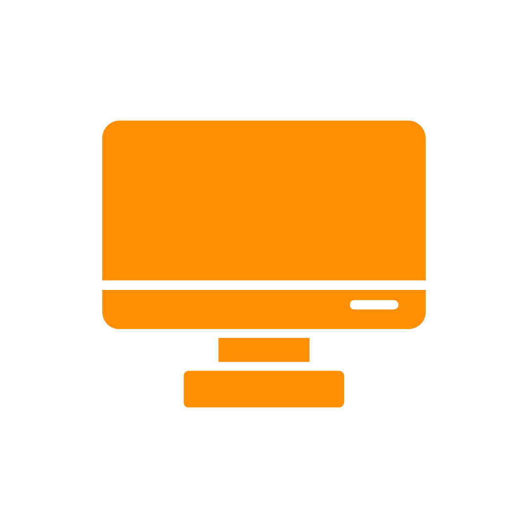 Icon of a vintage computer monitor in orange with a black background.