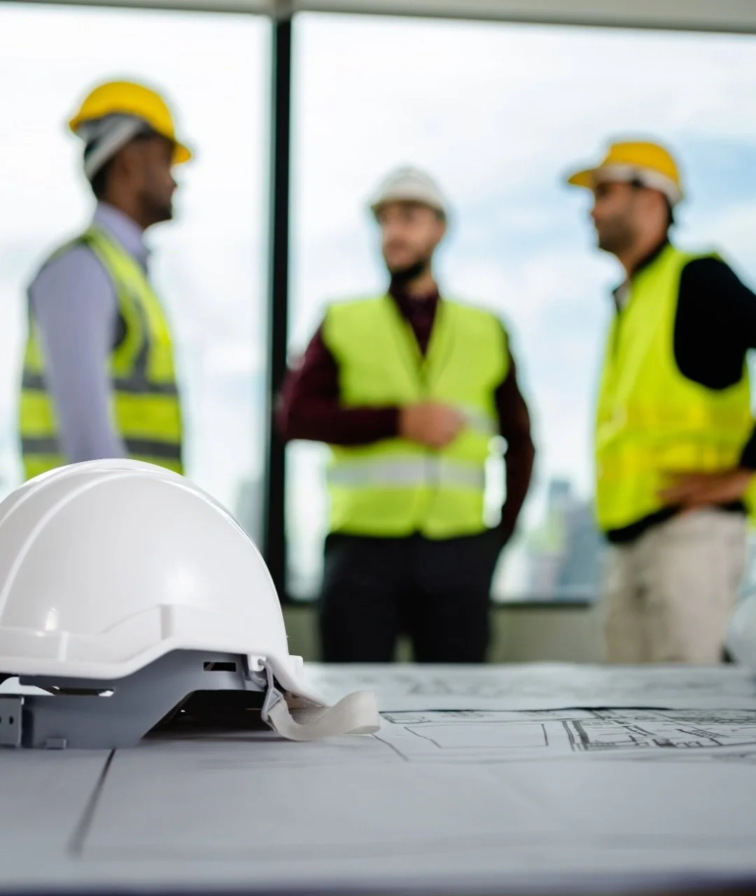 White construction helmet on a table with architectural plans in the foreground, three construction workers wearing safety vests and hard hats in the background, blurred.
