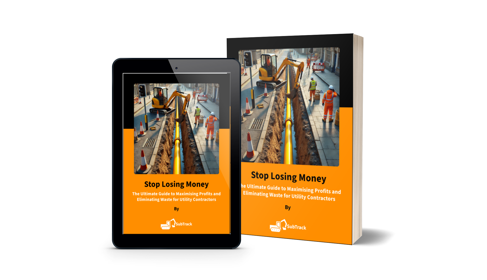 A digital tablet and a hardcover book, both displaying the cover of a guide titled "Stop Losing Money" with a photo of road construction workers and equipment in an urban street setting.