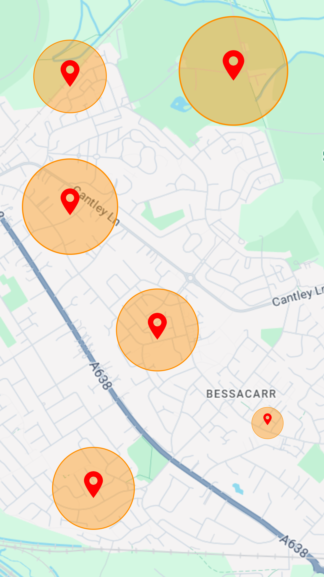 A map showing several orange circles with red location markers, indicating points of interest or activity zones, in the Bessacarr area near roads labeled Cantley Lane and A638.