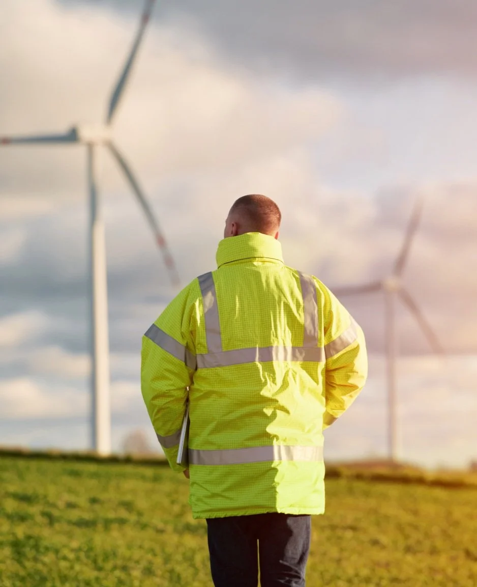 A person wearing a bright yellow safety jacket standing outdoors in front of wind turbines, with cloudy skies overhead.