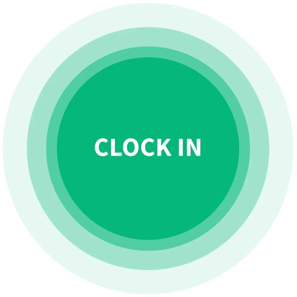 Green circular button with white text that says 'CLOCK IN.'
