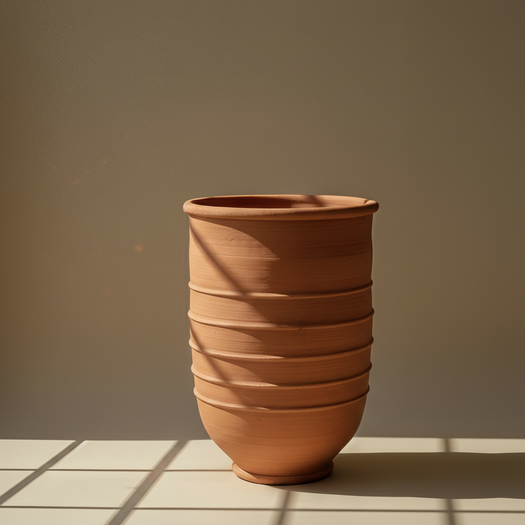 Clay pot with horizontal grooves, casting shadows, on a white tiled surface.