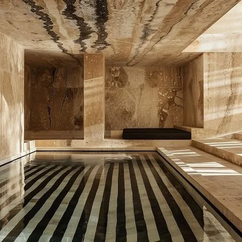 Indoor swimming pool with striped black and white tile pattern on the water surface, surrounded by beige marble walls and floors.