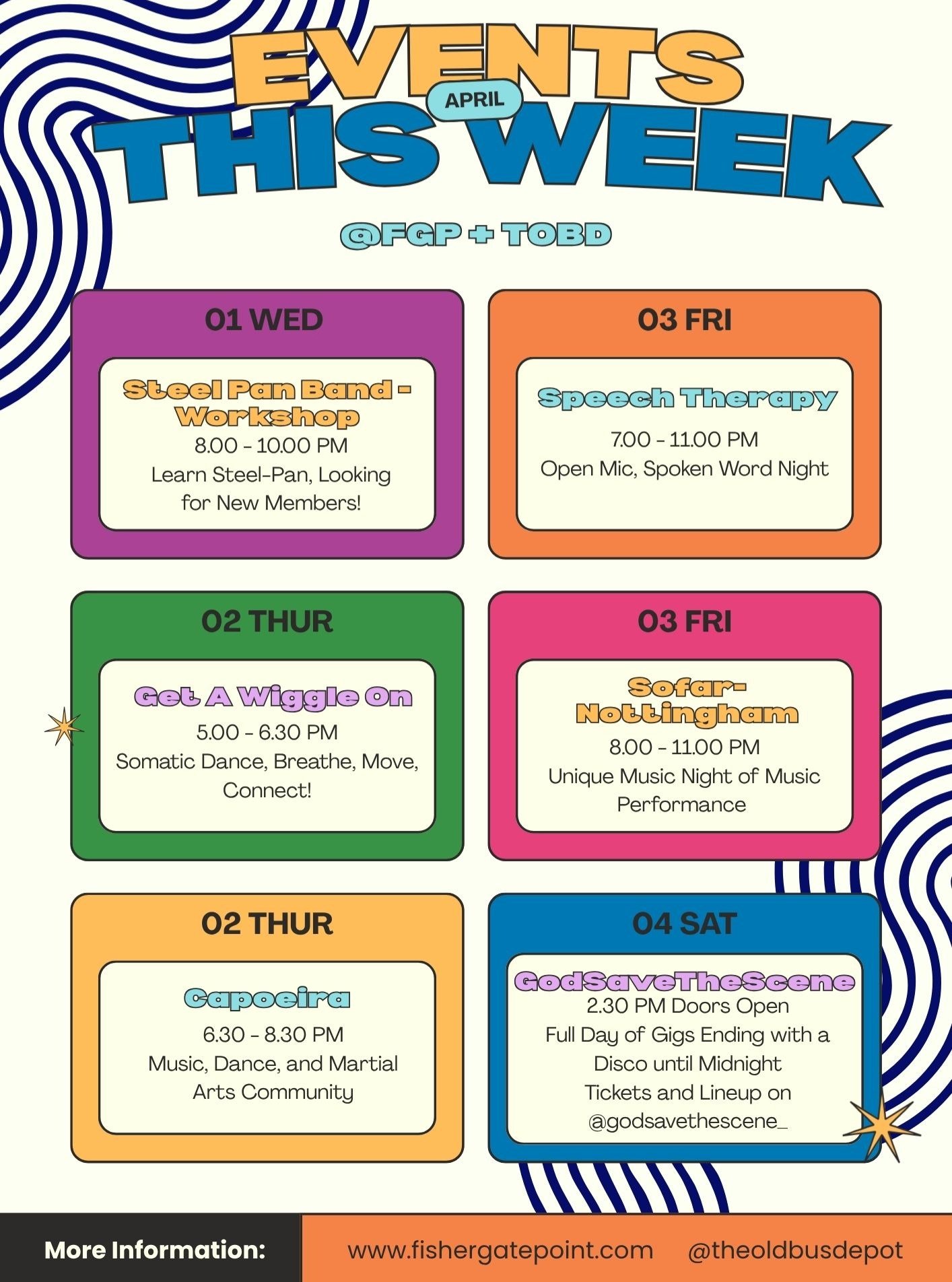 ⭐Workshops and Events at FGP This week 30th-5th ⭐

@sofarnottingham and @godsavethescene_ performing at @theoldbusdepot 3rd and 4th April 🎸: get tickets on their instagram pages