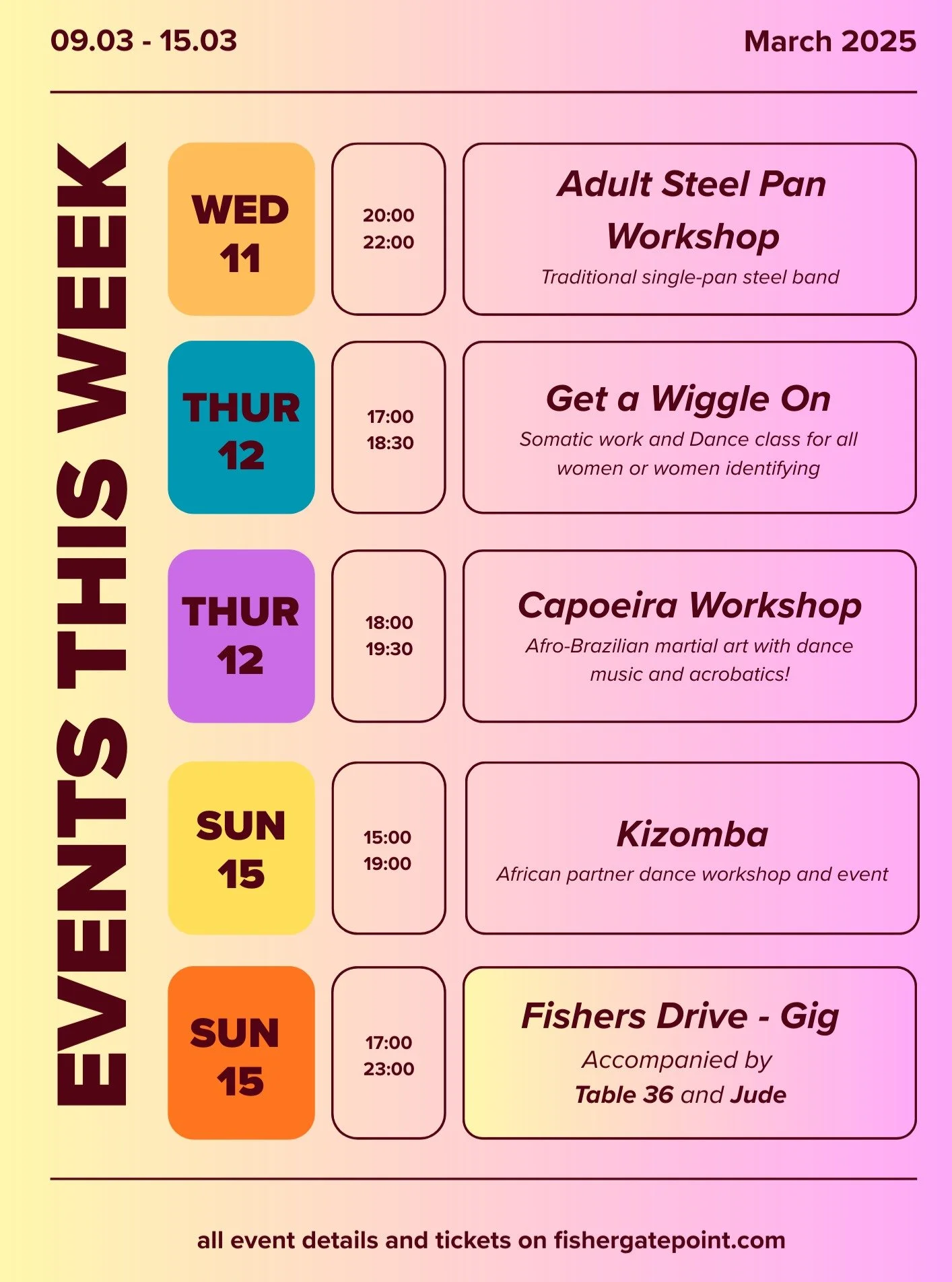 Events this week at Fisher Gate Point and The Old Bus Depot
