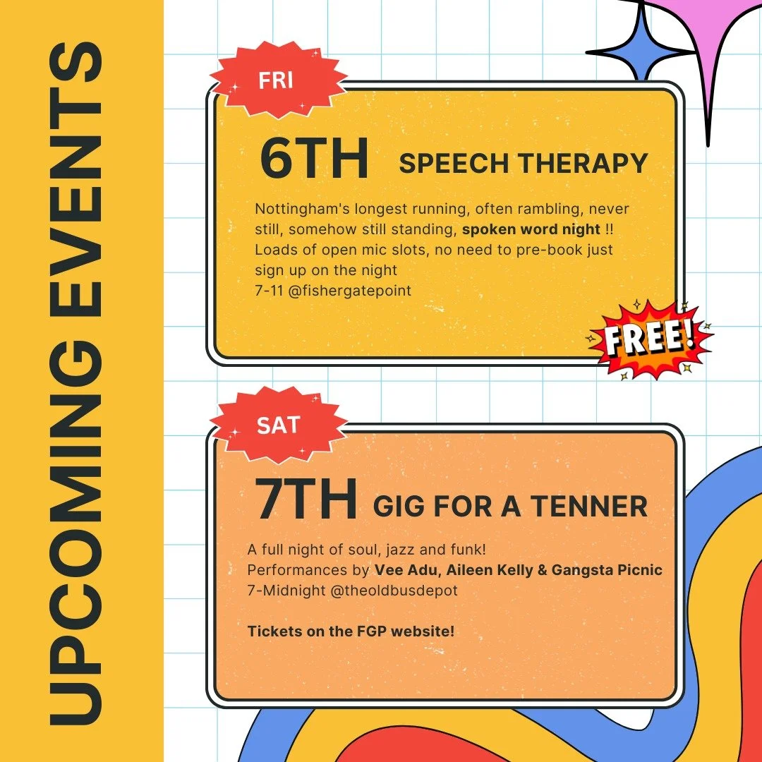🔥 Events happening this weekend at FGP and TheOldBusDepot 🔥

Stop by for a creative night of spoken word poetry or 3 incredible musical performances 

More details and tickets on the FGP website! - link in bio