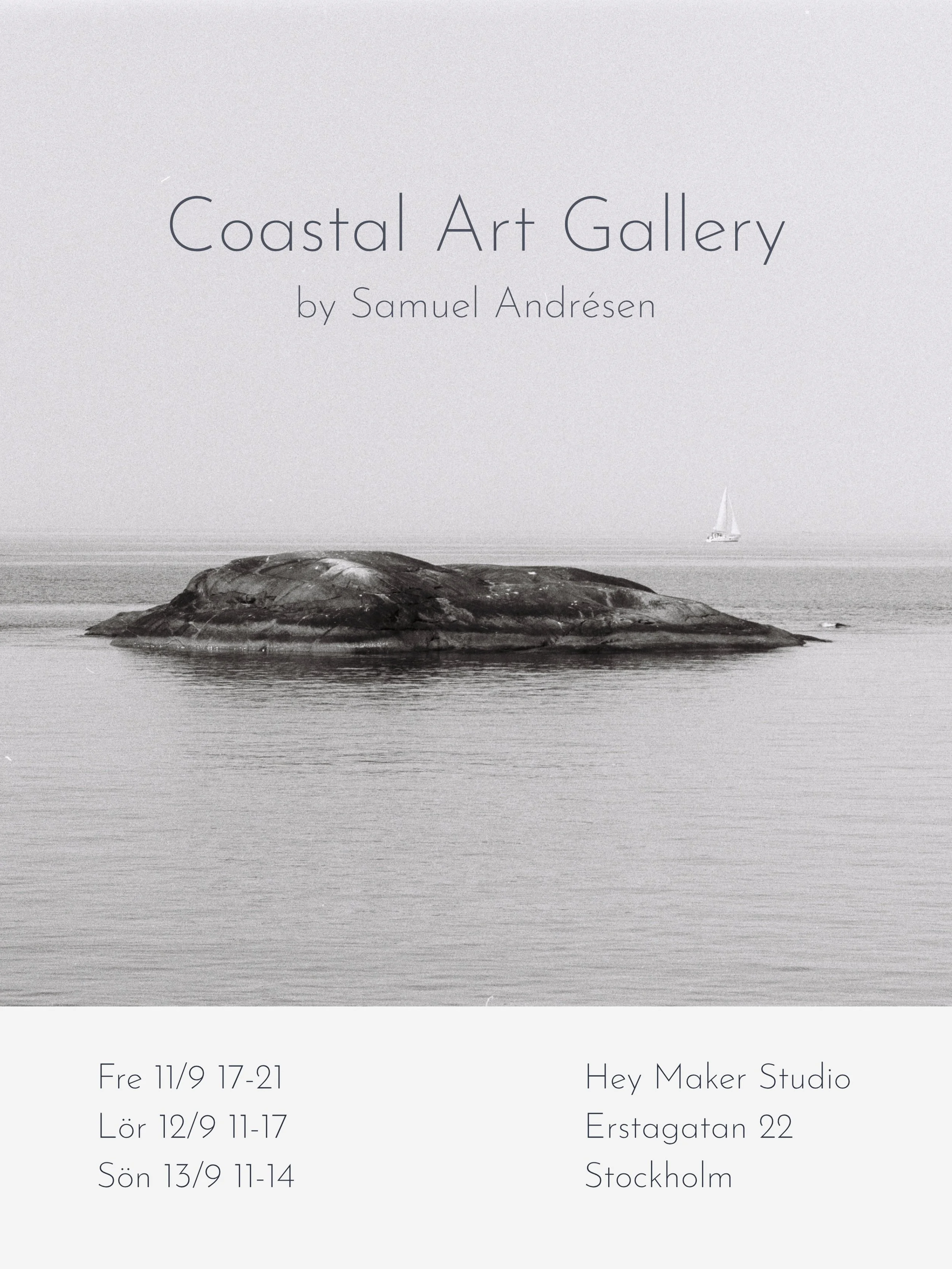 Varmt v&auml;lkommen till Coastal Art Gallery 🎞️

Den 11&ndash;13 september &auml;r det &ouml;ppet hus hos Hey Maker Studio p&aring; S&ouml;dermalm i Stockholm, d&auml;r jag visar min fotoutst&auml;llning.

Utst&auml;llningen best&aring;r av fotogra