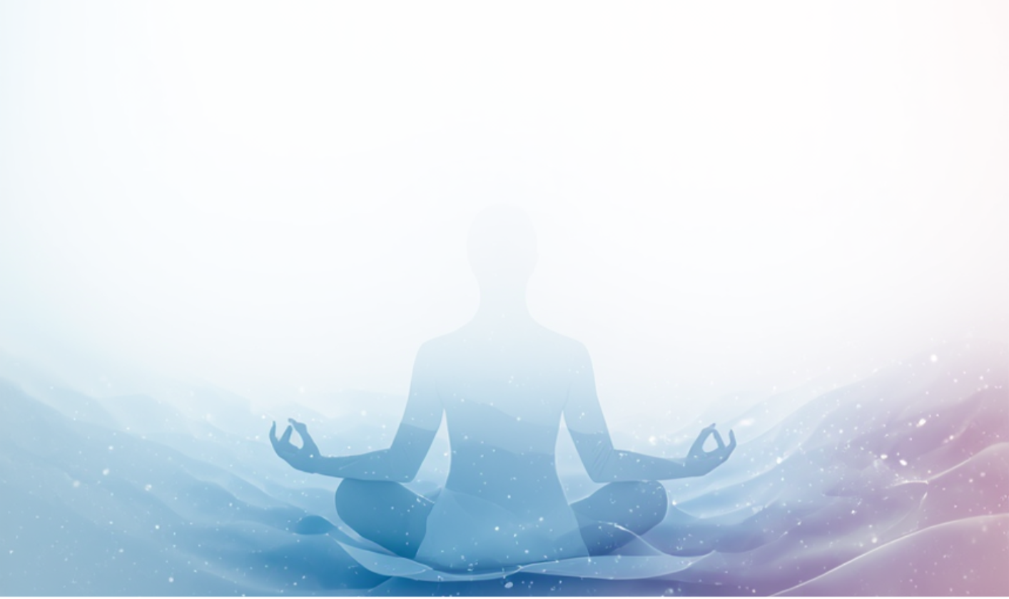 Silhouette einer Person in der Lotus-Position beim Meditieren, umgeben von einem abstrakten, hellen und ruhigen Hintergrund mit sanften Wellen und Sternen.