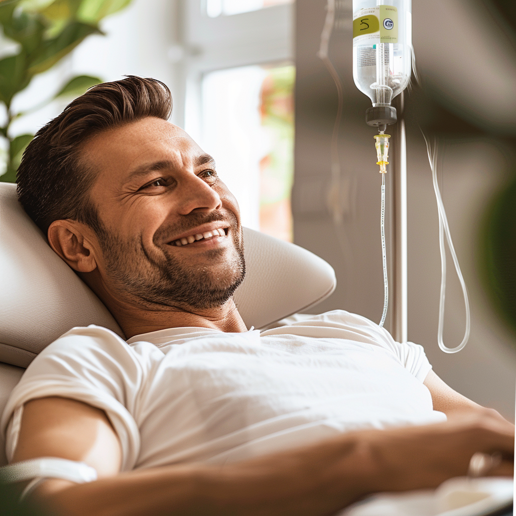 Mann im Krankenhausbett erhält eine Infusion und lächelt.