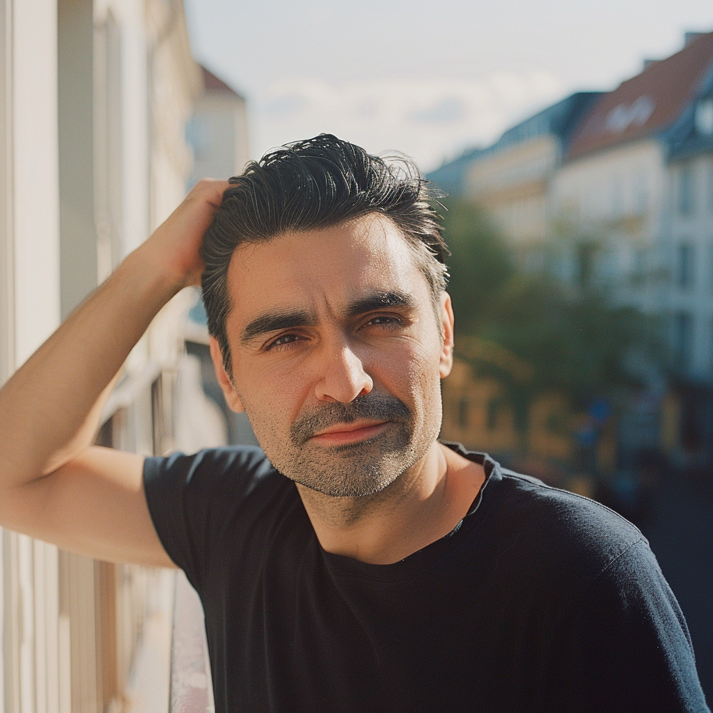 Ein Mann mit dunklem, gestylt schwarzen Haar, braunen Augen und Bart, trägt ein schwarzes T-Shirt, steht auf einem Balkon bei Sonnenlicht, mit Gebäuden im Hintergrund.
