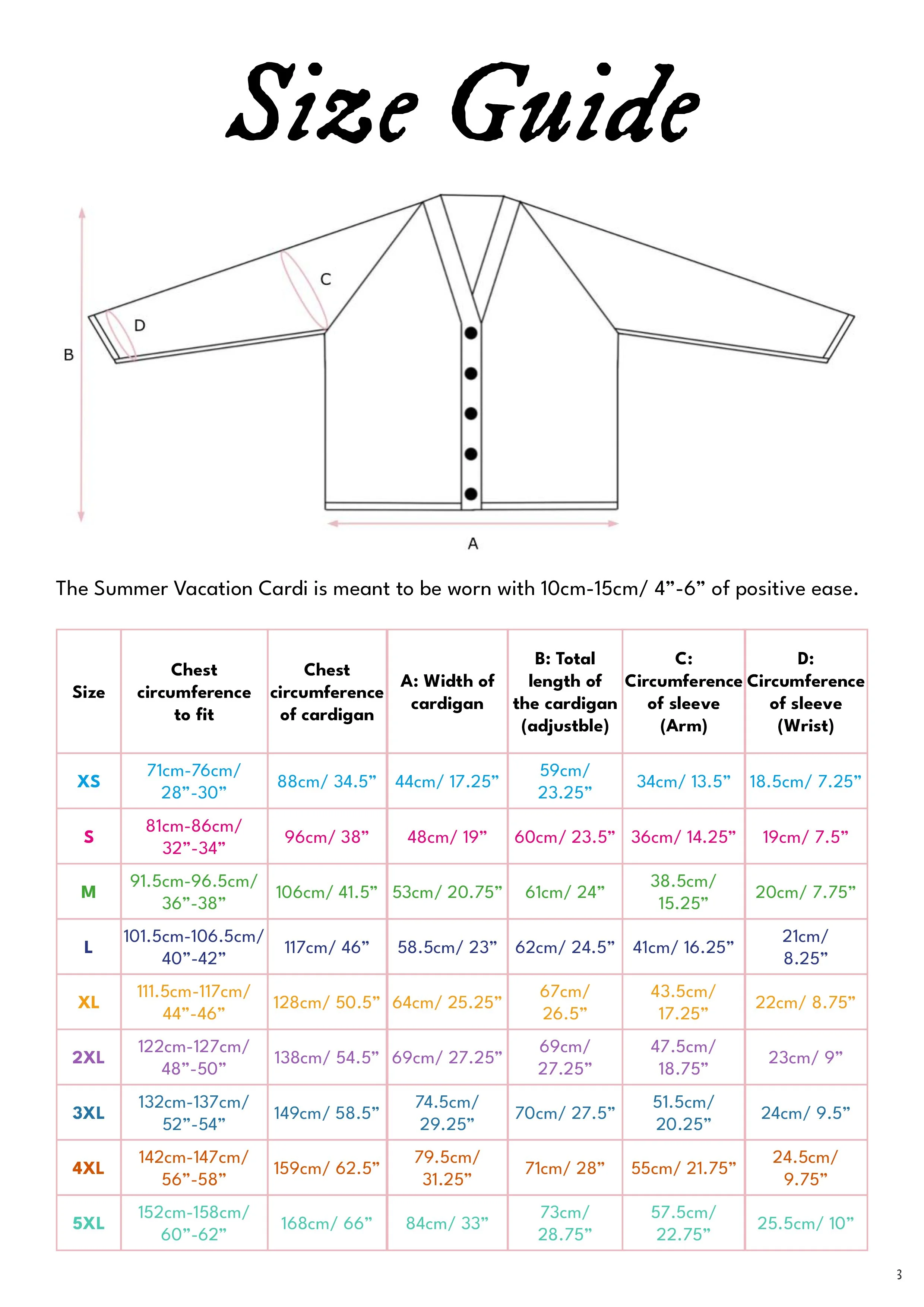 Size Guide of the Summer Vacation Cardi