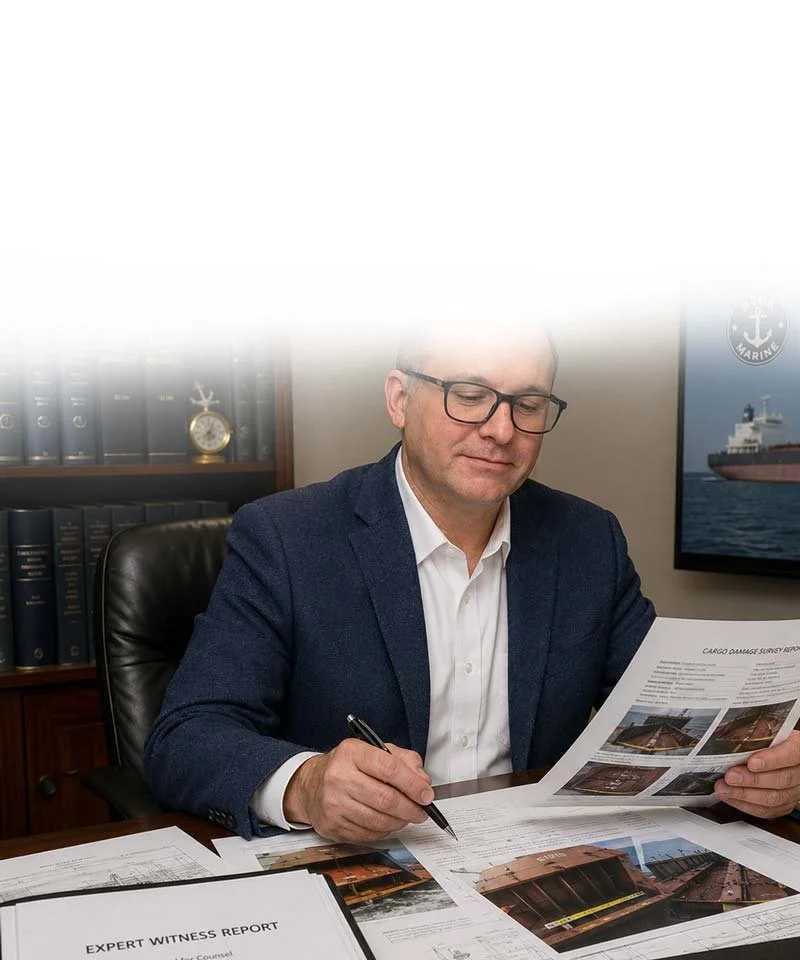 Man in glasses and a blue blazer reviewing documents at a desk with files and reports about cargo damage.